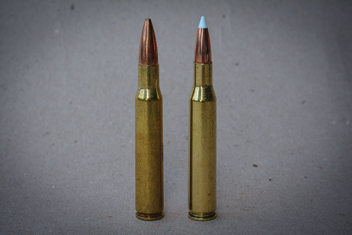 The 270 (right) is based on the 30-03 case necked down. The 30-06 (left) features a slightly shorter case.